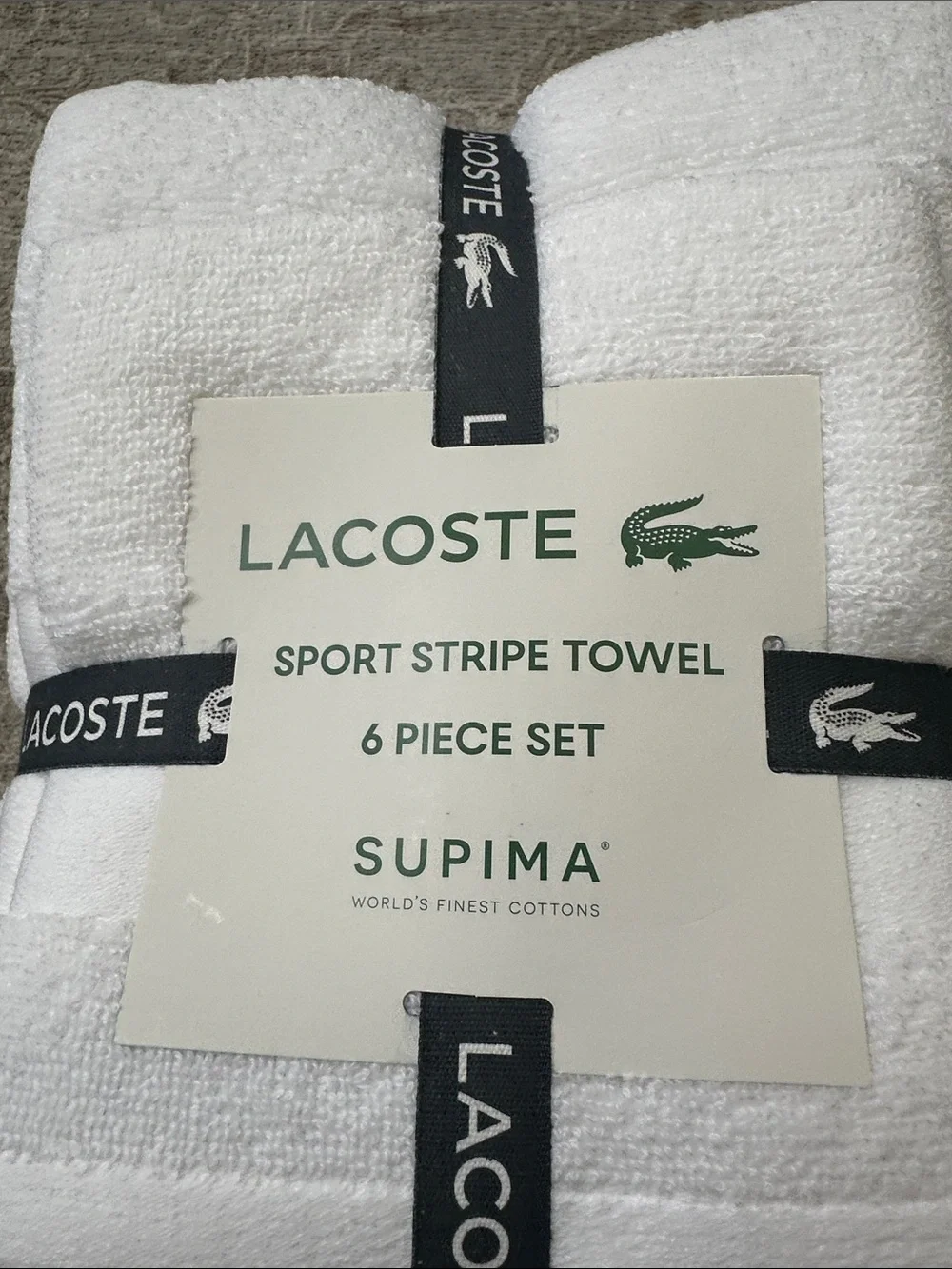 Lacoste Home Heritage Sport Stripe Logo White Cotton 6-Pc. Bath Towel Set NWT’s.